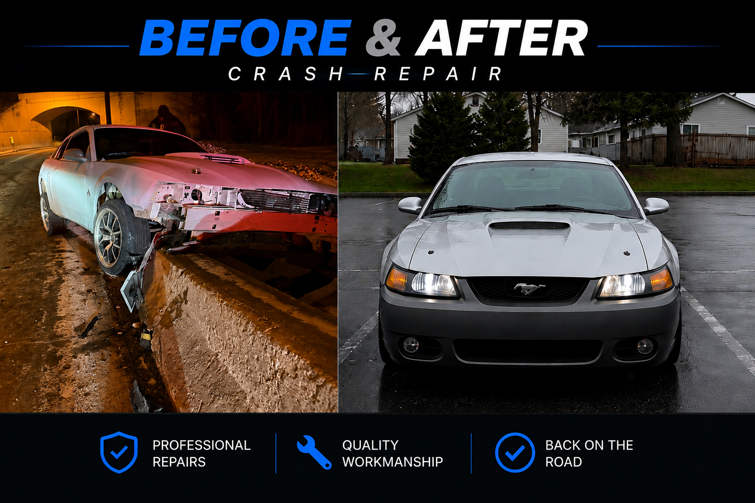 Before and after crash repair on a Mustang